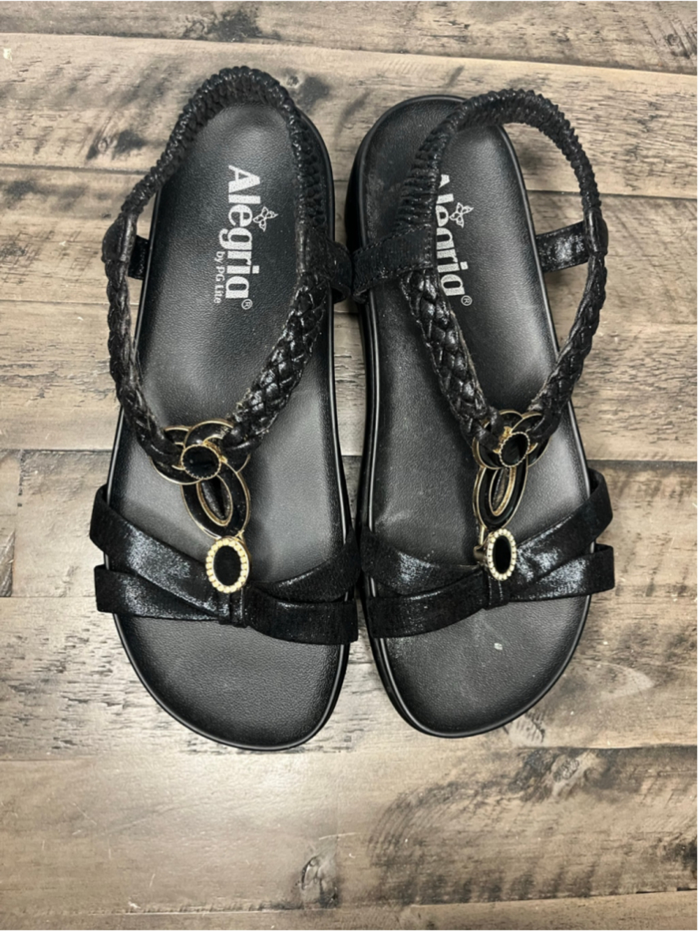 Alegria by PG Lite Sandals with Braided Strap and Black and Gold Hardwear